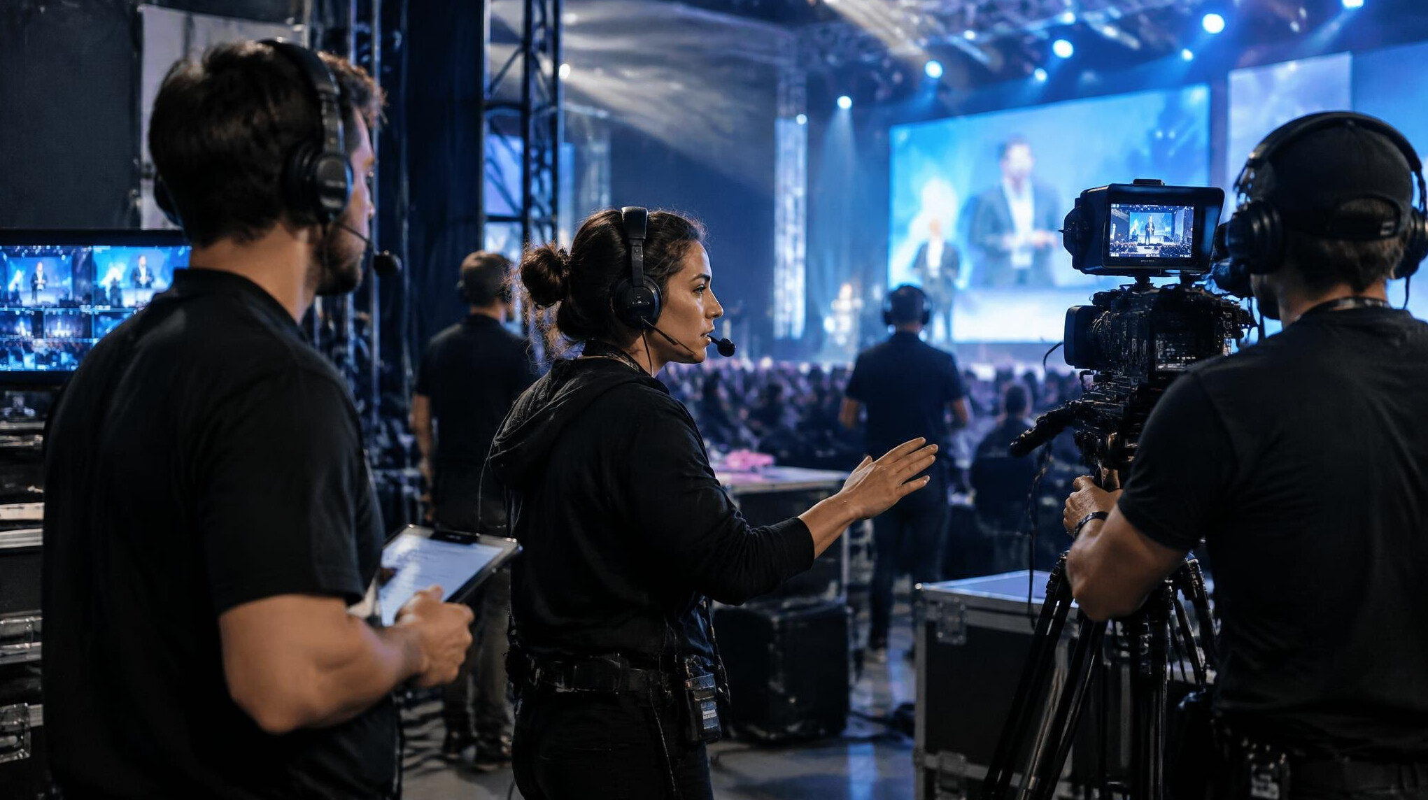 Media crew coordinating at a live event