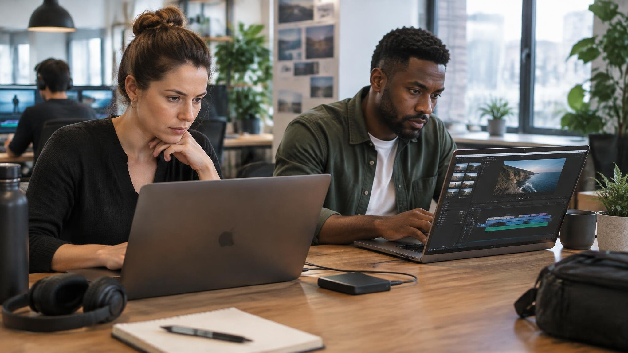 Colleagues reviewing media files on laptops