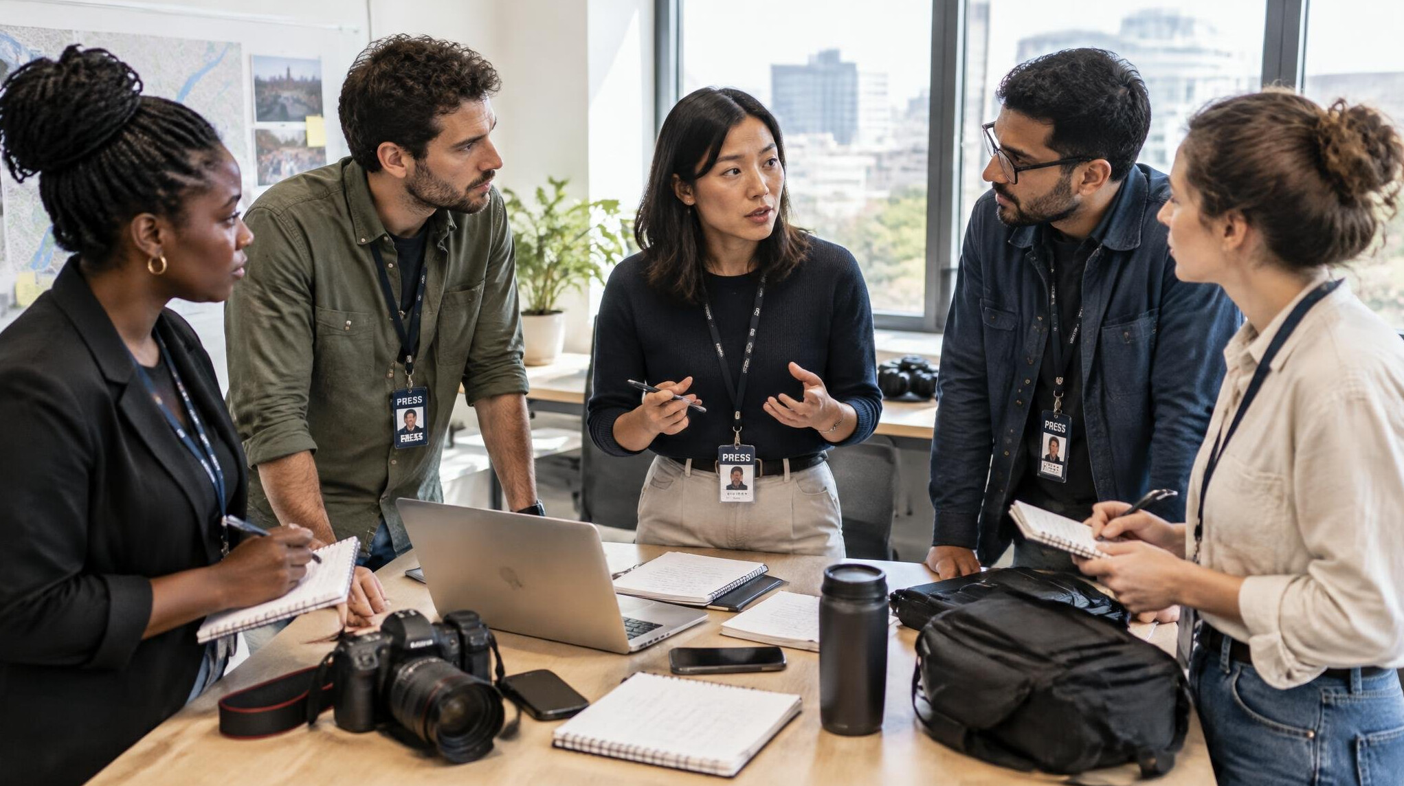 Editorial briefing meeting with a team around a table