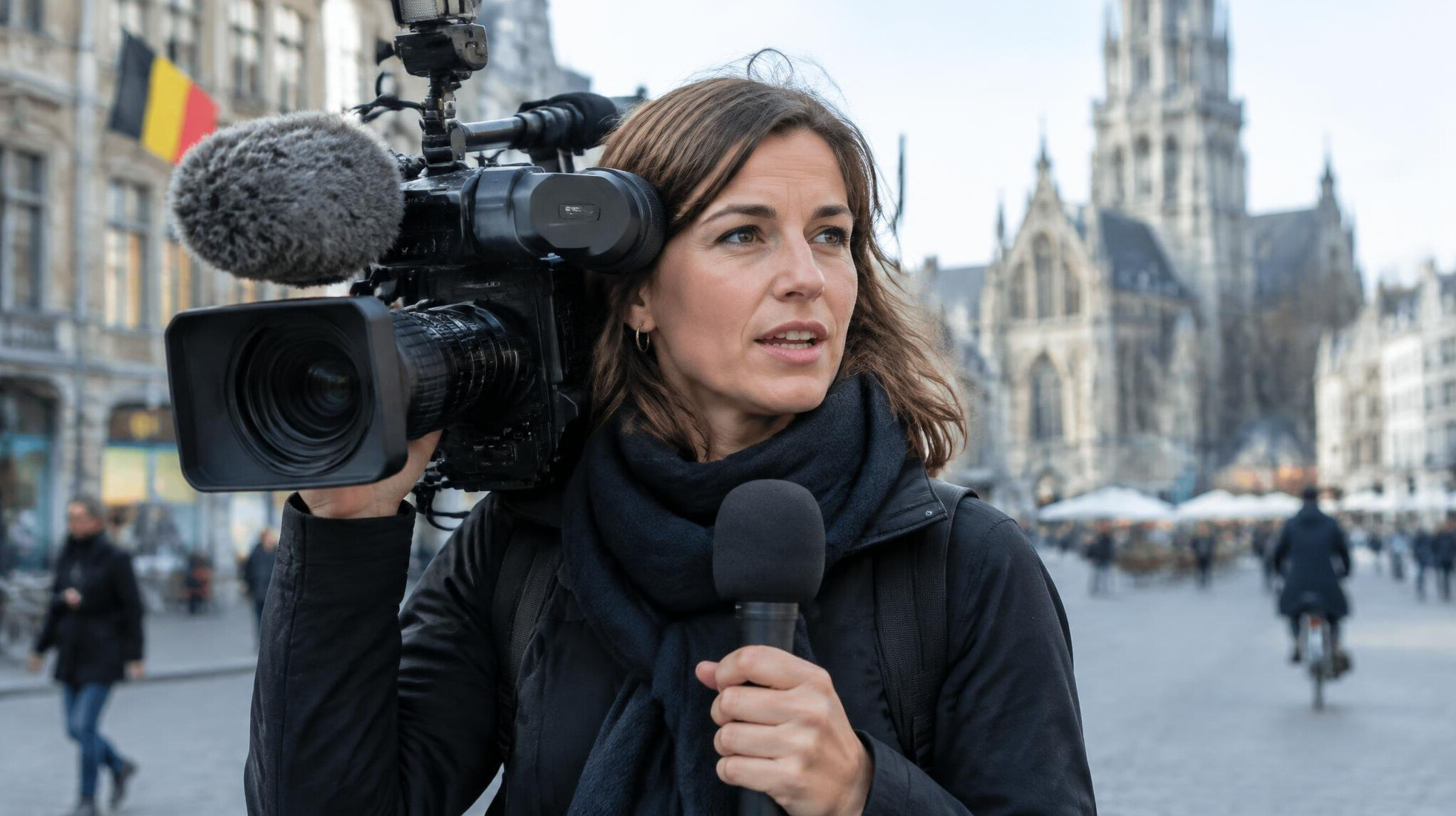 Video journalist filming a report outdoors with a professional camera